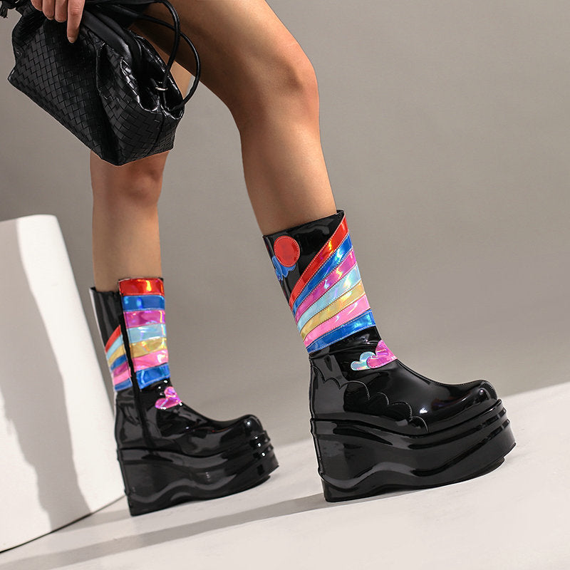 Bottes montantes à plateforme et fermeture éclair latérale style punk pour femmes