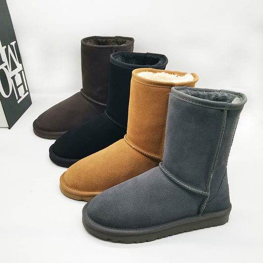 Bottes de neige mi-mollet en cuir véritable de vache pour femmes