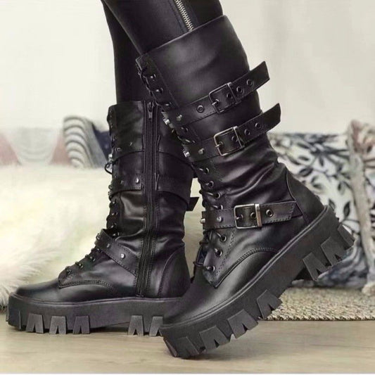 Botas de caña media estilo punk con hebilla, cordones y cremallera lateral para mujer