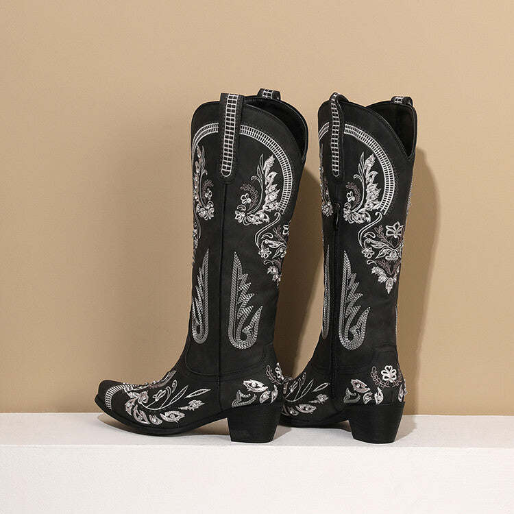 Embroidered Western Denim Retro Women's Knee-length Boots