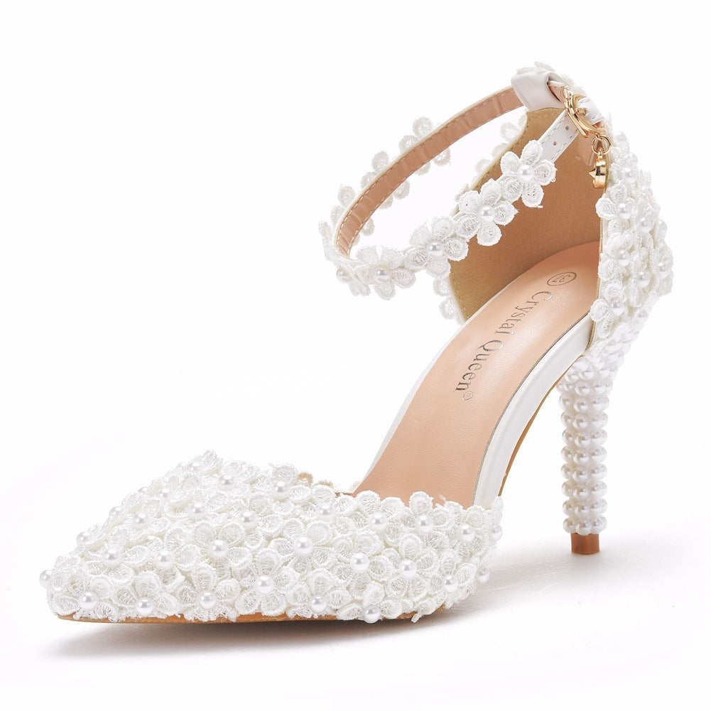 Zapatos de boda de punta puntiaguda y tacón alto Sandalias de tacón de aguja con encaje