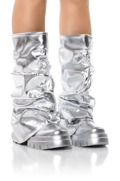 Round Head Metal Patent Leather Fashion Pants Pipe Boots