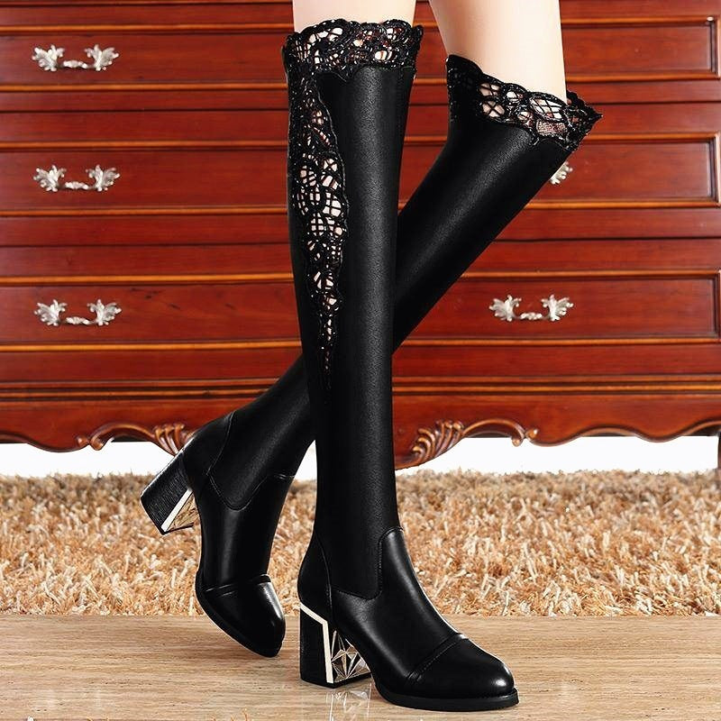 Women's Chunky Heel High Boots Fleece-lined Lace