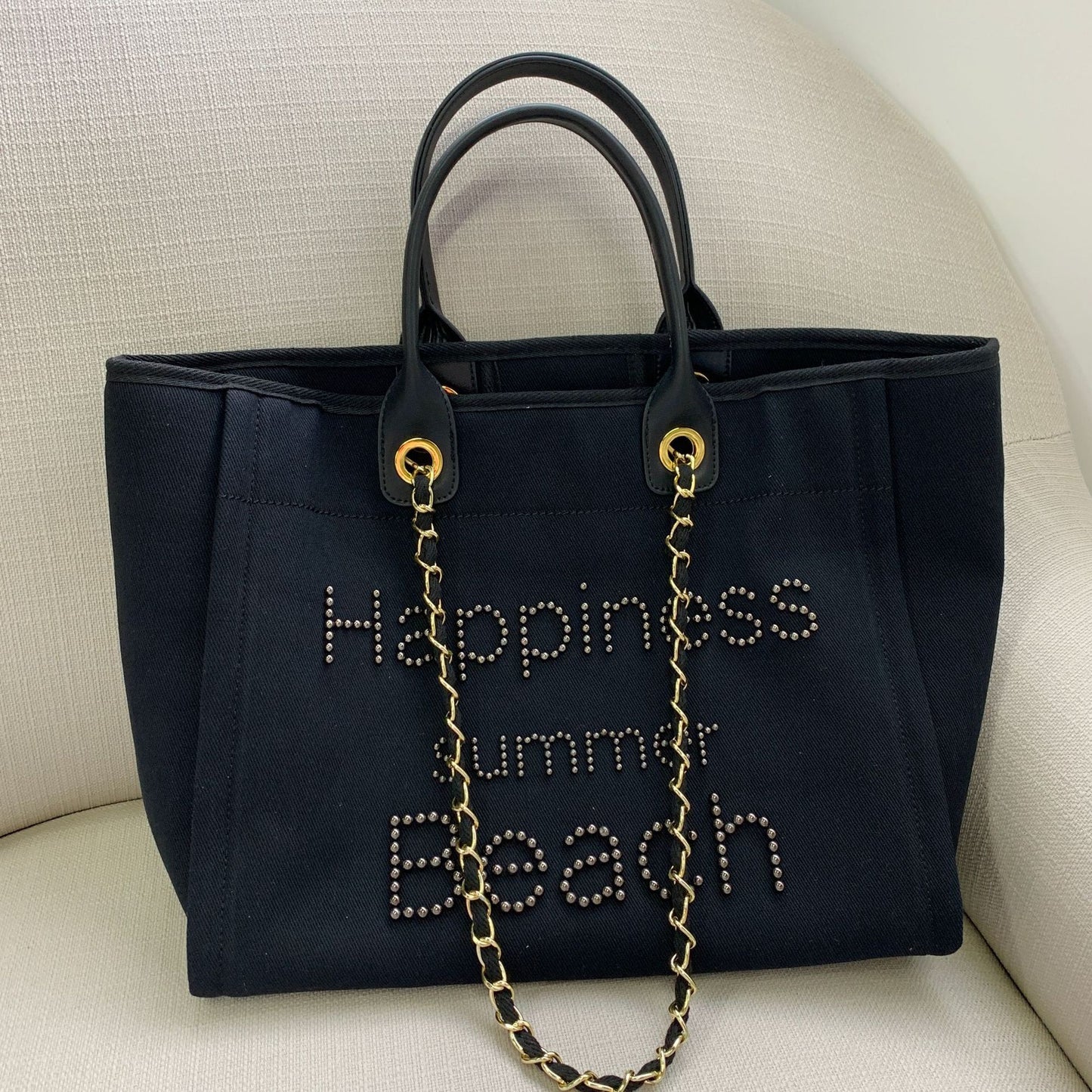 Bolso de playa pequeño de lona perfumada con cadena de cuero y perlas