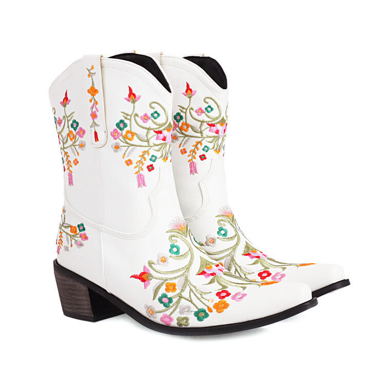 Embroidered Color Matching Ethnic Style Retro Chunky Heel Square Head Knight Martin Boots