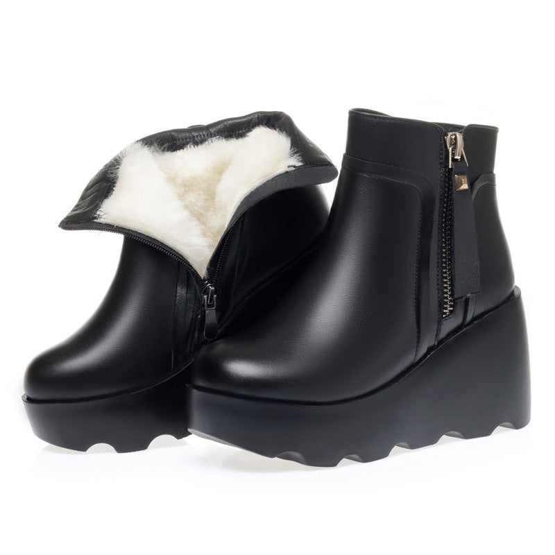 Leather Short Women's Fleece-lined Wedge Platform Wool Boots