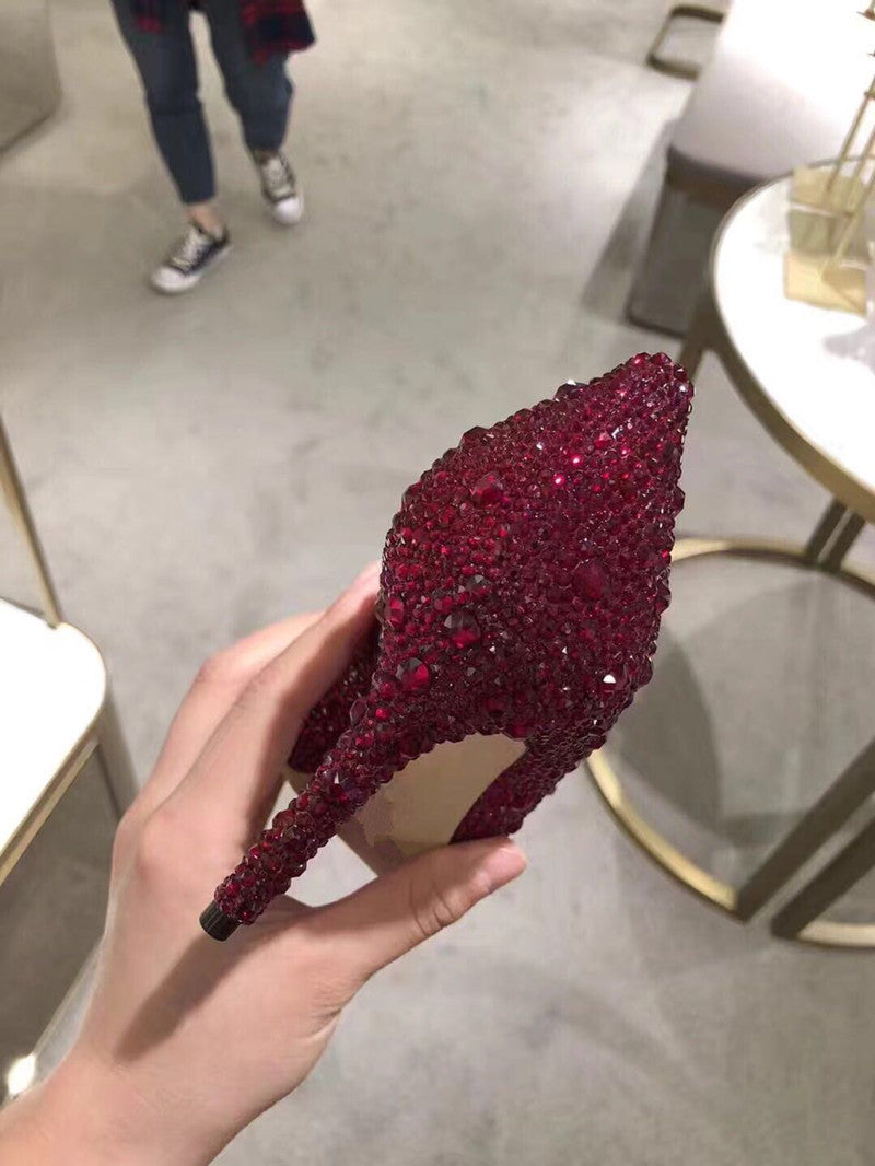 Tacones altos con diamantes de imitación y punta puntiaguda informales a la moda para mujer