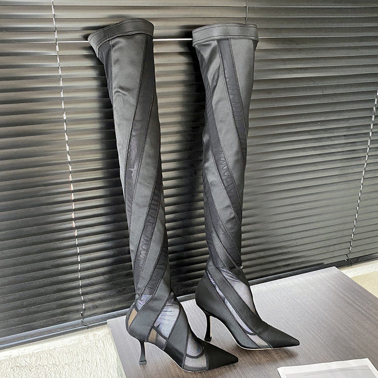 Bottes au-dessus du genou à talons hauts pointus et à coutures en fil élastique