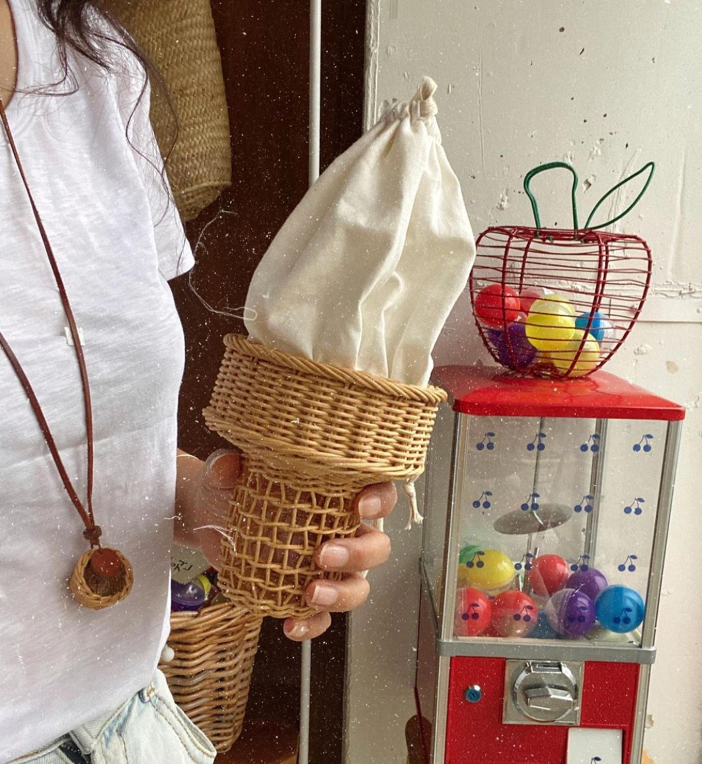 Bolsa tejida de ratán con forma de helado para accesorios de tiro