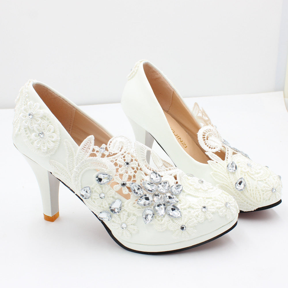 White Wedding Shoes High Heel Round Head Lace Rhinestones