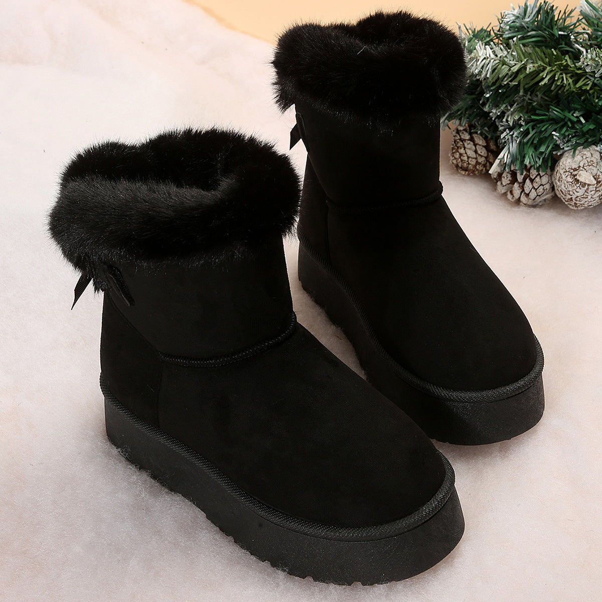 Nouvelles bottes de neige à nœud papillon hiver plus velours chaud bottines à semelles épaisses pour femmes simples chaussures de loisirs quotidiennes en coton