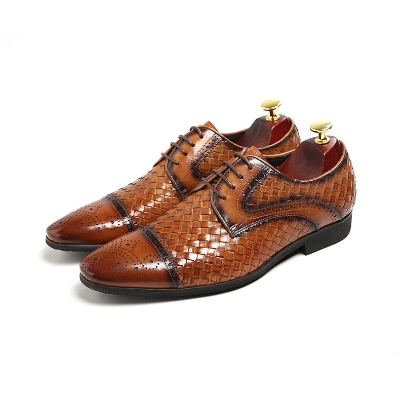 Chaussures d'affaires pointues en cuir tissé britannique pour hommes