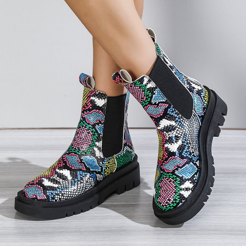 Botines de piel de serpiente con plataforma y cordones para mujer