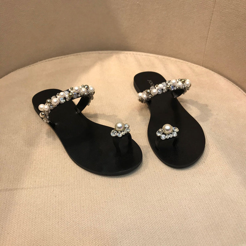 Sandalias planas con punta abatible para mujer con tiras de perlas y diamantes de imitación para exteriores