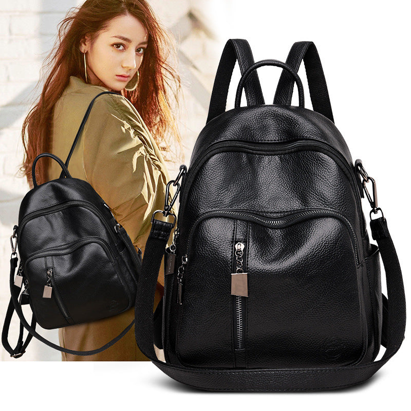 Trendy Korean Version Fashion All-match Ladies Backpack Casual Pu Soft Leather Personality