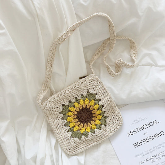 Bolsa de lana tejida con girasoles y corte de cadena