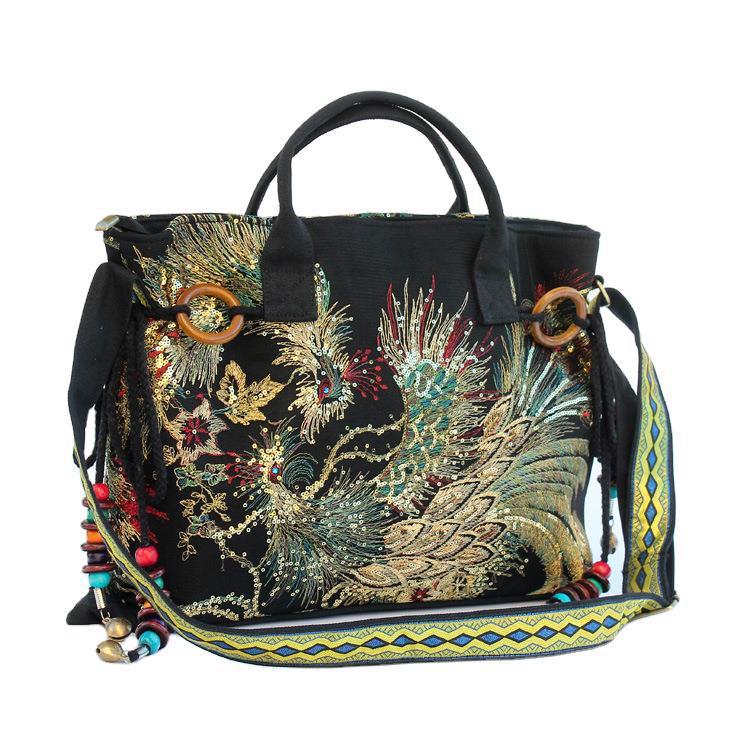 Precioso bolso de seda dorada con bordado de pavo real de estilo étnico