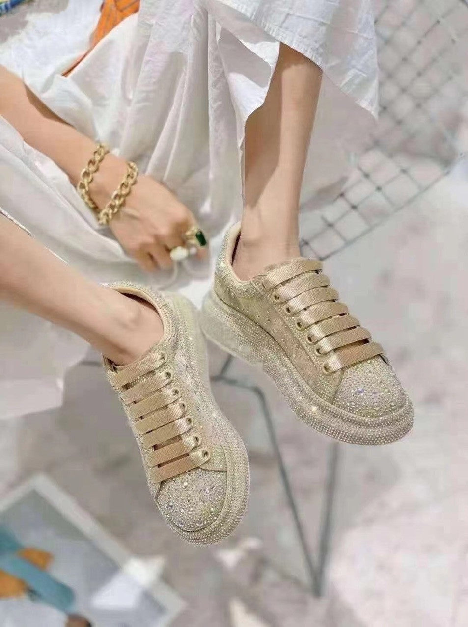 Women's Full Diamond Thick Soled White Shoes