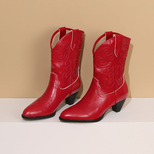 Botas altas estilo western con tacón alto y bordado de moda