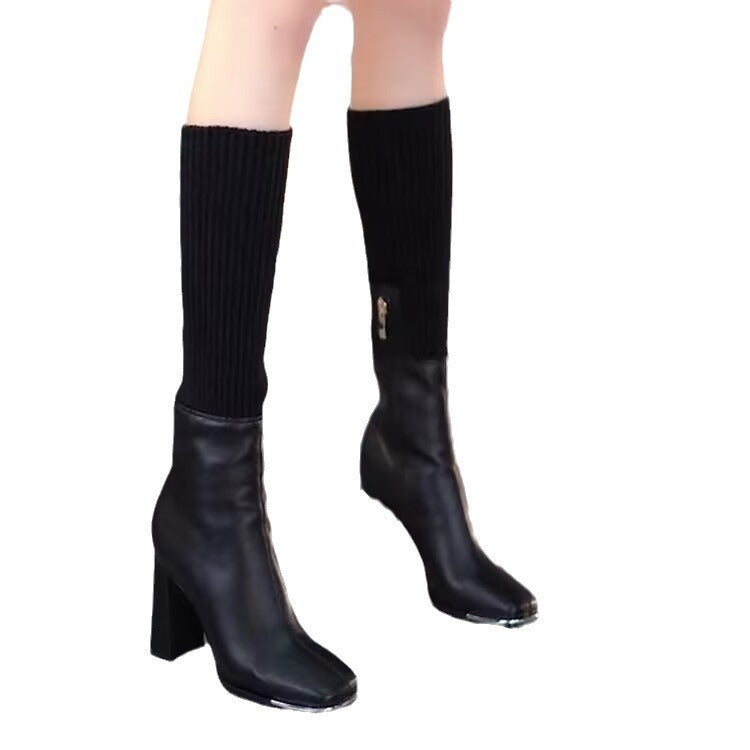 Chaussettes extensibles tricotées pour femmes automne et hiver, bottes longues à talon épais et à tête carrée