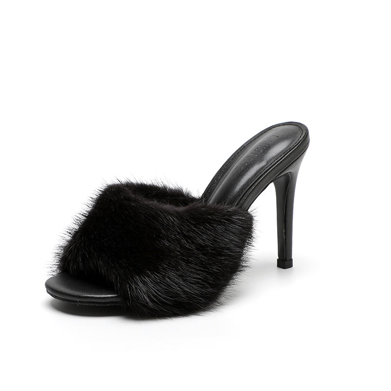 Women's Fashionable Mink Fur High-heeled Sandals