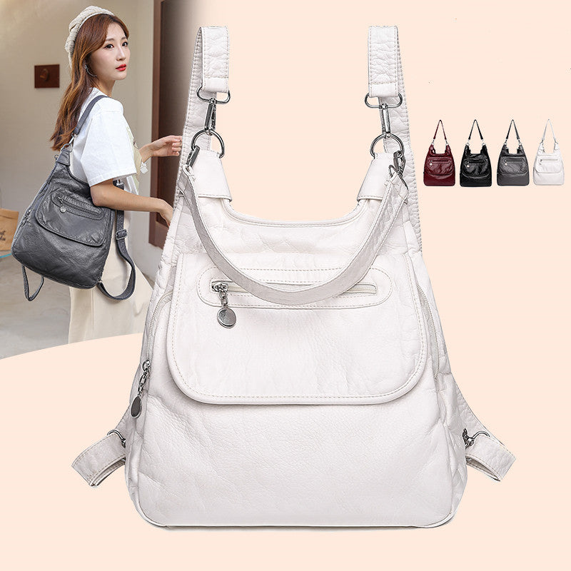 Fashion All-match Washable Soft Leather Three-purpose Backpack Large Capacity