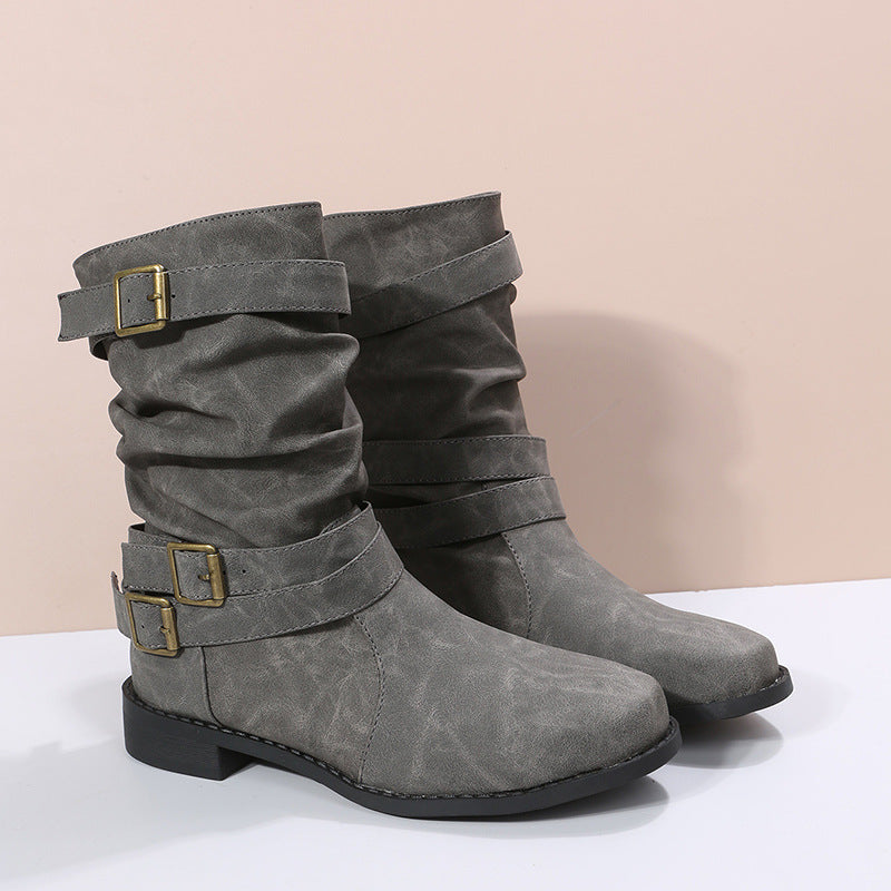 Botas de tacón bajo con hebilla ajustable estilo vintage para mujer, estilo gótico occidental, estilo militar y motero