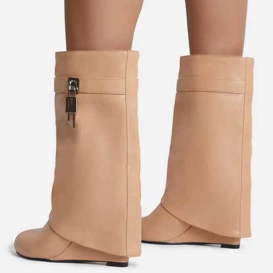 Botas de pantalón con cuña y cierre de metal, de estilo retro, con tacón alto y punta de tubo grande