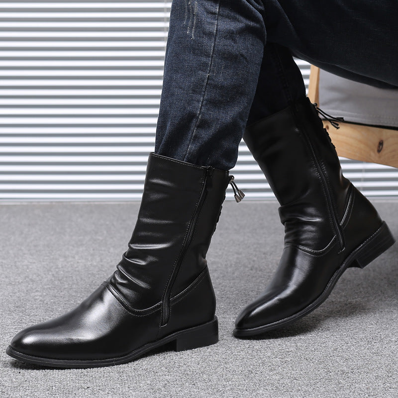 Pointed Leather Boots Men's British Korean High-top Leather Shoes Mid-calf Length