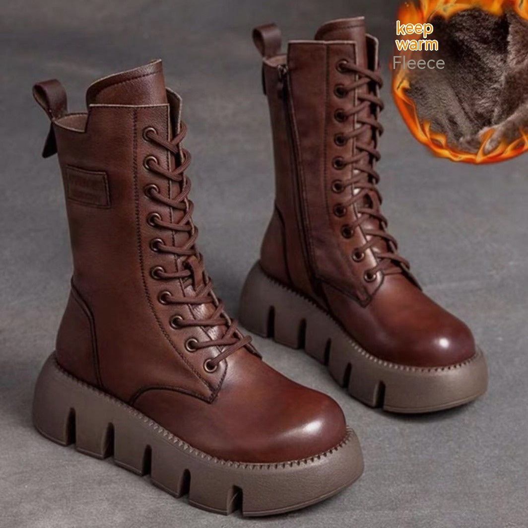 Botas de charol estilo retro estilo británico cómodas de tacón bajo con forro polar para otoño e invierno