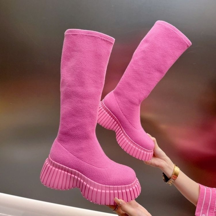 Botas largas de suela gruesa de color sólido, nuevas botas de moda de tejido elástico con mosca, calzado de invierno para mujer, botas altas