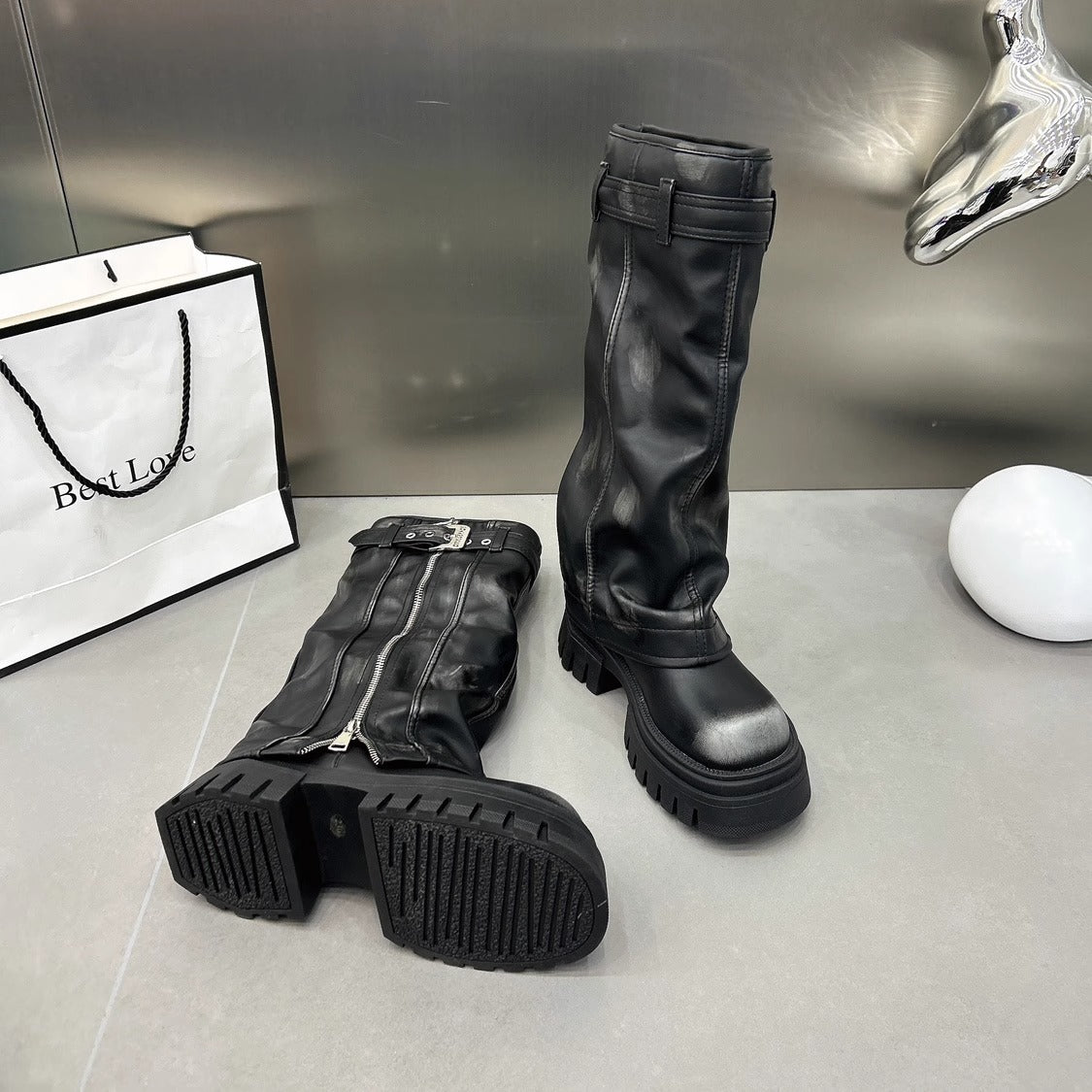 Bottes-collants montantes à glissière en cuir véritable pour l'industrie lourde