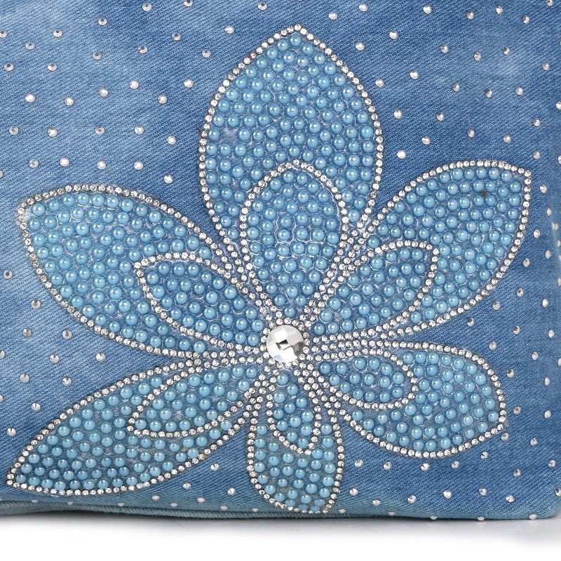 Sac en jean tendance en forme de V pour femme avec motif de fleurs en diamant