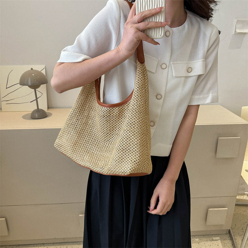 Large Capacity One Shoulder New High Texture Casual Straw Bag