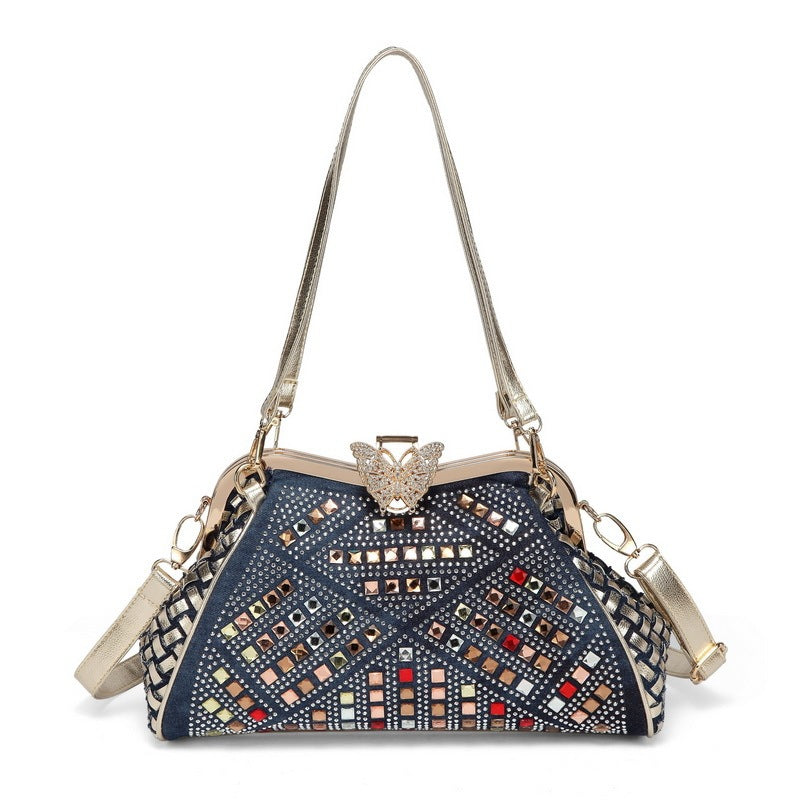 Bolso bandolera de lona tejida con diamantes de imitación y estilo vaquero de verano con clip de mariposa