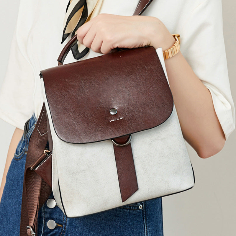 Fashionable European And American Style Oil Wax Cowhide Contrast Color Backpack