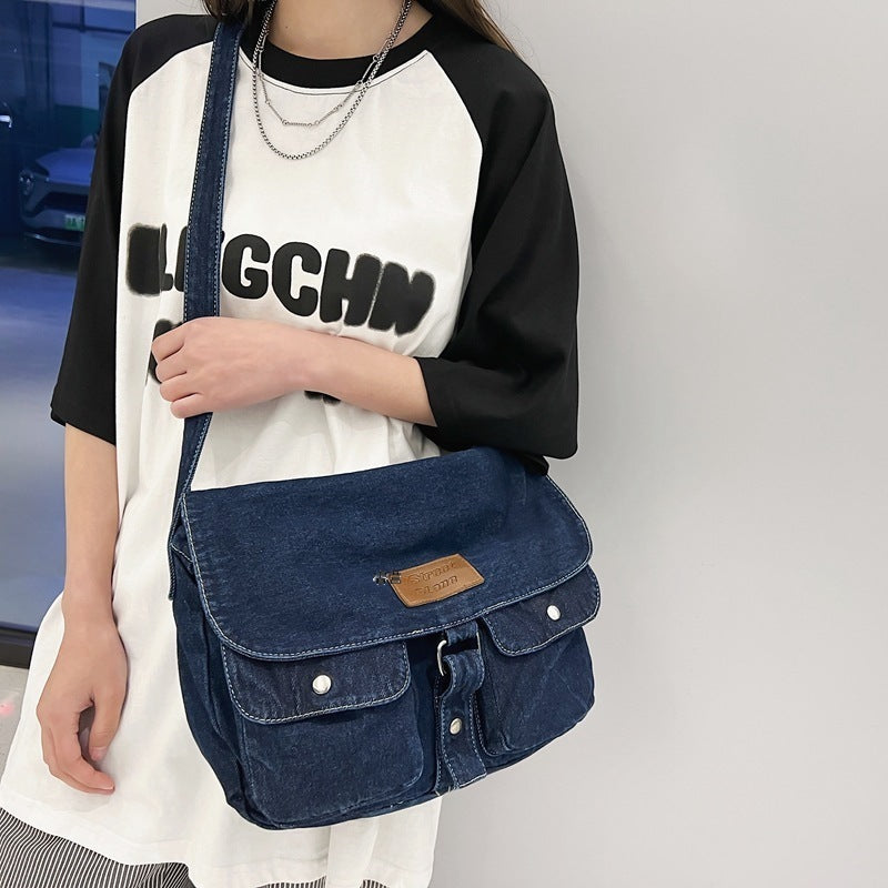 Pure Color Washed Denim Canvas Bag