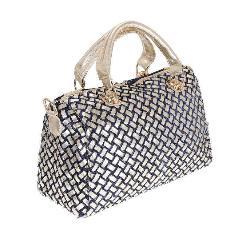 Sac en jean Ceinture en toile Strass Tressé Rivet Seau rond Bandoulière Épaule