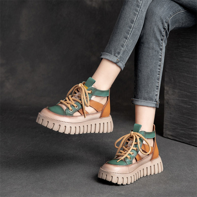 Sandalias gruesas de moda casual con cordones retro para mujer