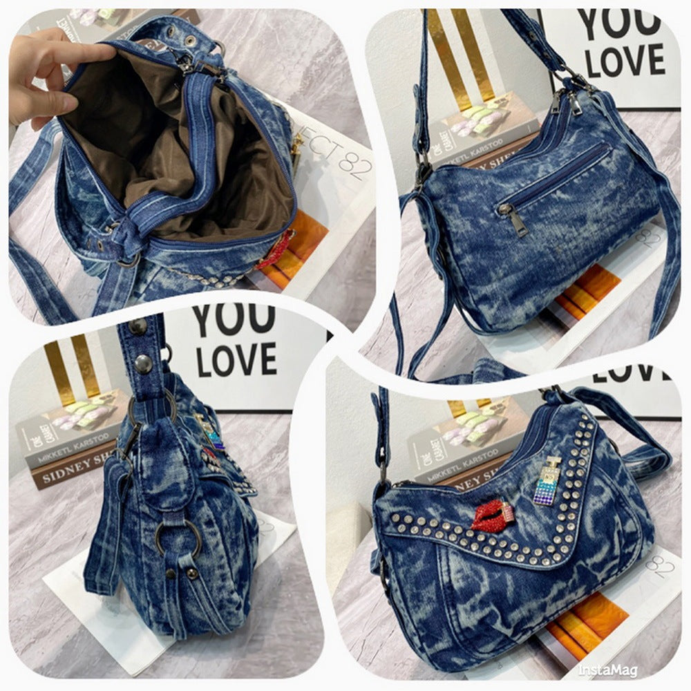 Sac à bandoulière en denim clouté avec perceuse