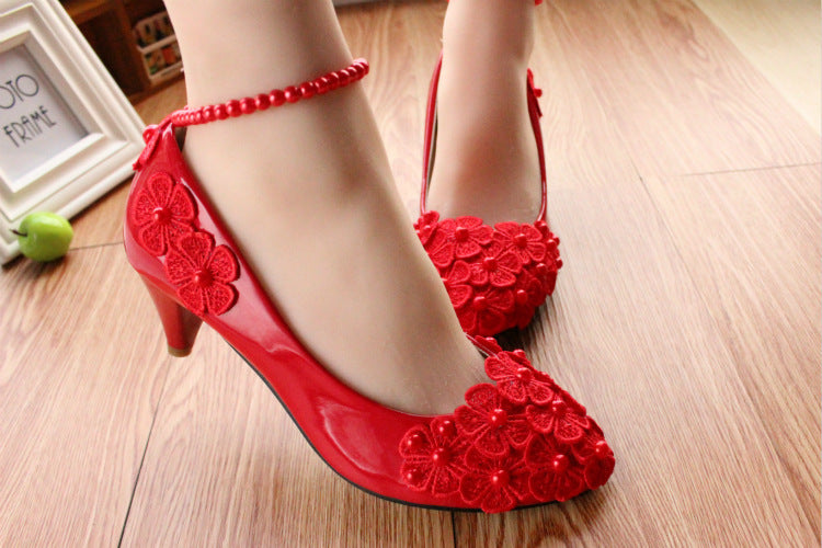 Red Bridal Shoes Pearl Anklet Large Size Women's Shoes