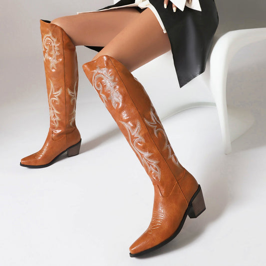 Embroidered Boots Autumn And Winter Chunky Heel