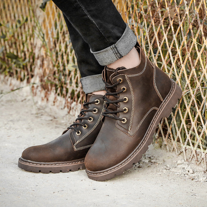 Botas de cuero vintage para hombre, zapatos de trabajo de caña alta