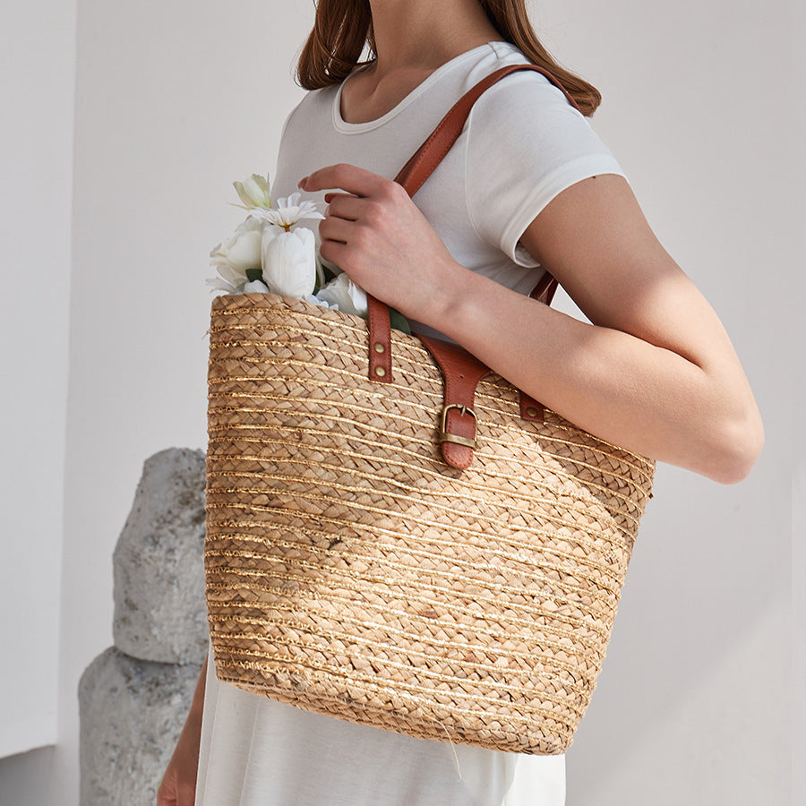 Sac à main tissé de grande capacité pour femme Sac à bandoulière simple en paille