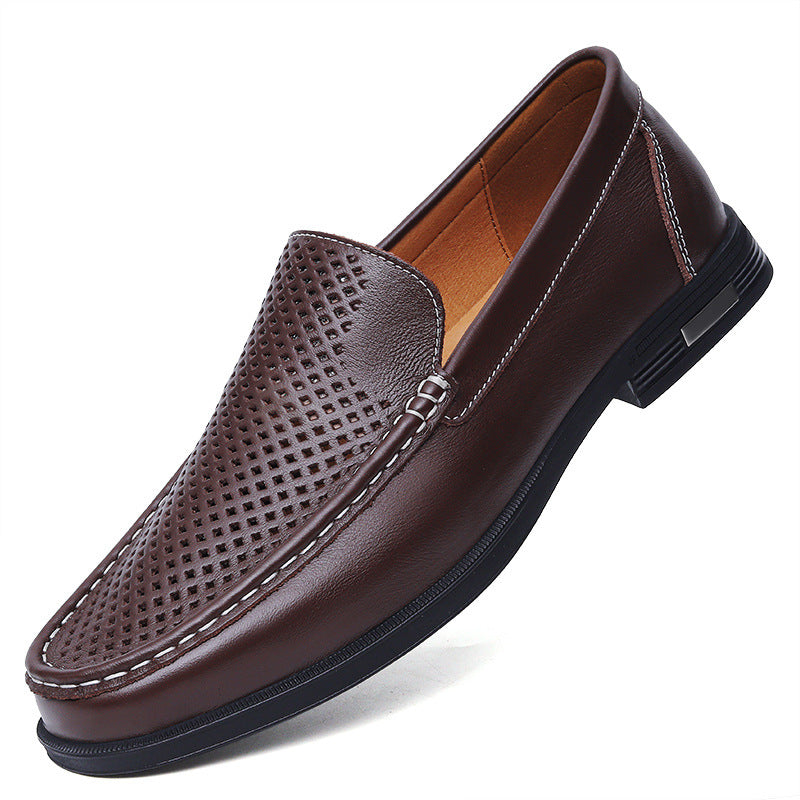 Cowhide Loafers Men's British Business Dress Slip-on Hollowed-out Breathable Leather Shoes