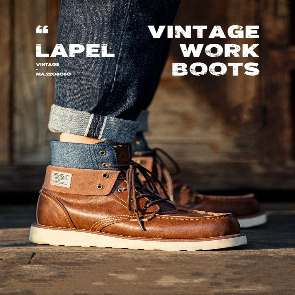 Bottes de travail vintage à revers pour hommes, bottes montantes en denim