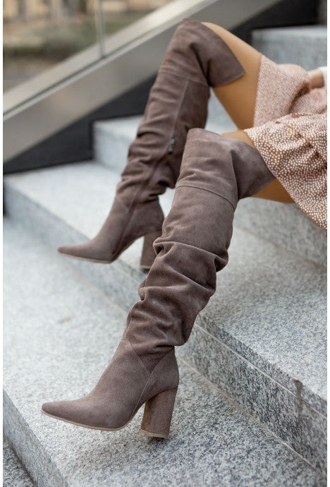 Bottes au-dessus du genou en daim à talons hauts et à bout pointu pour femmes, mode automne-hiver