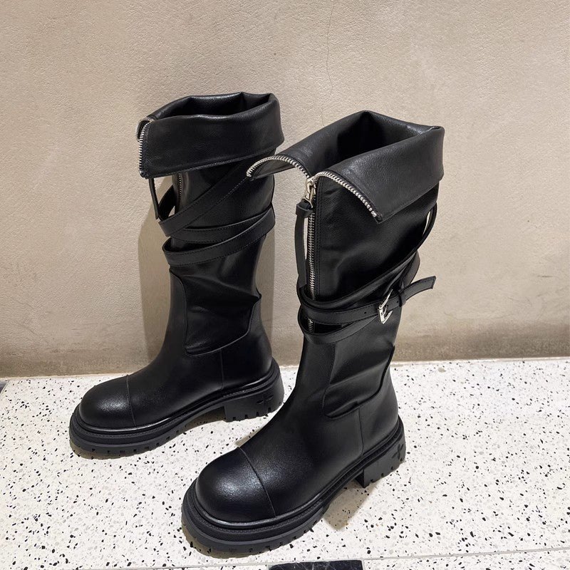 Women's Fashion All-match Below The Knee Belt Buckle Platform Boots