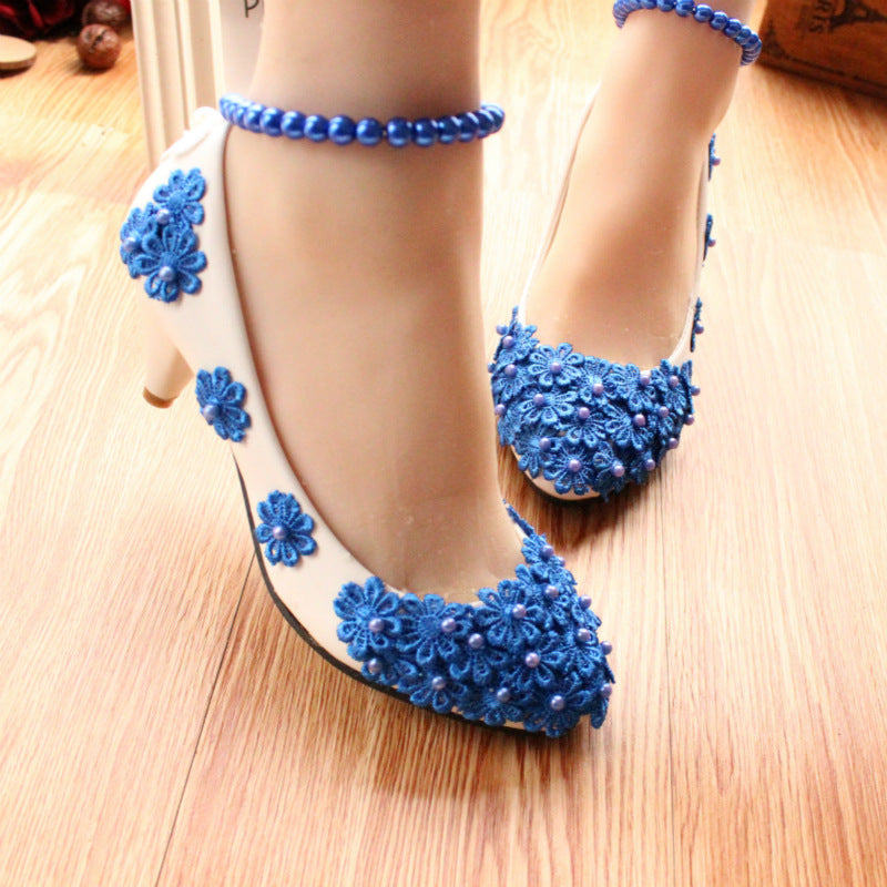 Zapatos de boda con tobilleros de perlas azules de moda para mujer