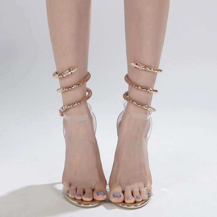 Sandalias de tacón alto con diamantes de imitación y forma de serpiente, con punta redonda, transparentes, de gran tamaño, para mujer